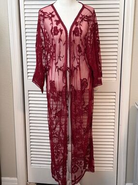 Womens Crochet Mesh Tie Front Duster Cardigan Floral Red Festival